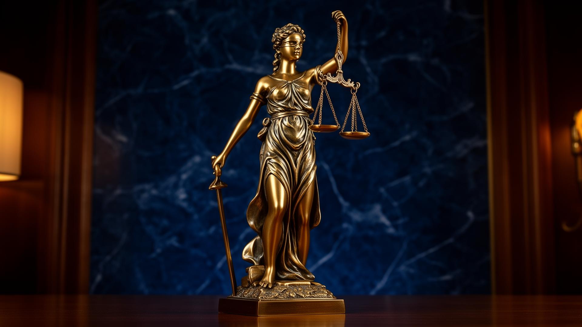 Estátua da justiça em bronze sobre fundo de mármore azul